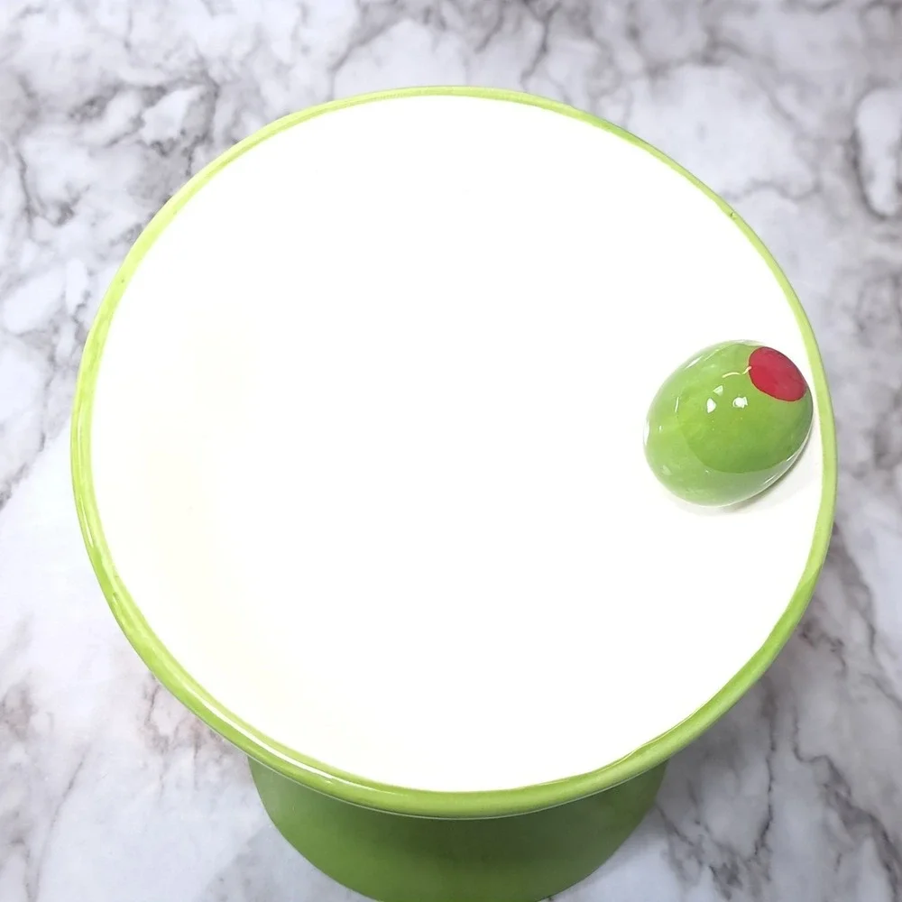 Mellow & Mod Cat Drinking Water Tall Bowl Meow-Tini Handcrafted Green/White